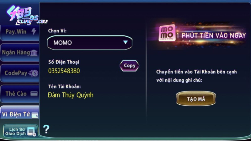 Hướng dẫn nạp tiền 789club qua ví điện tử MoMo